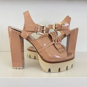 Nando Muzi Tan and Cream Platform Sandals with Fringe